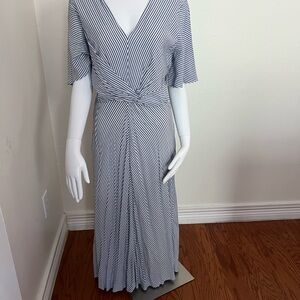 Banana Republic Blue and White Pleated Maxi Gown with Flutter Sleeves